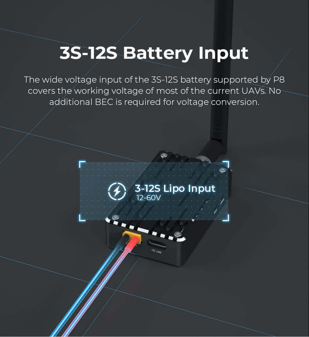 P8 40KM Long-Range Radio Telemetry System – Sky & Ground Set 10 CUAV P8 Radio Telemetry Feature: 3S-3S-12S Battery Input