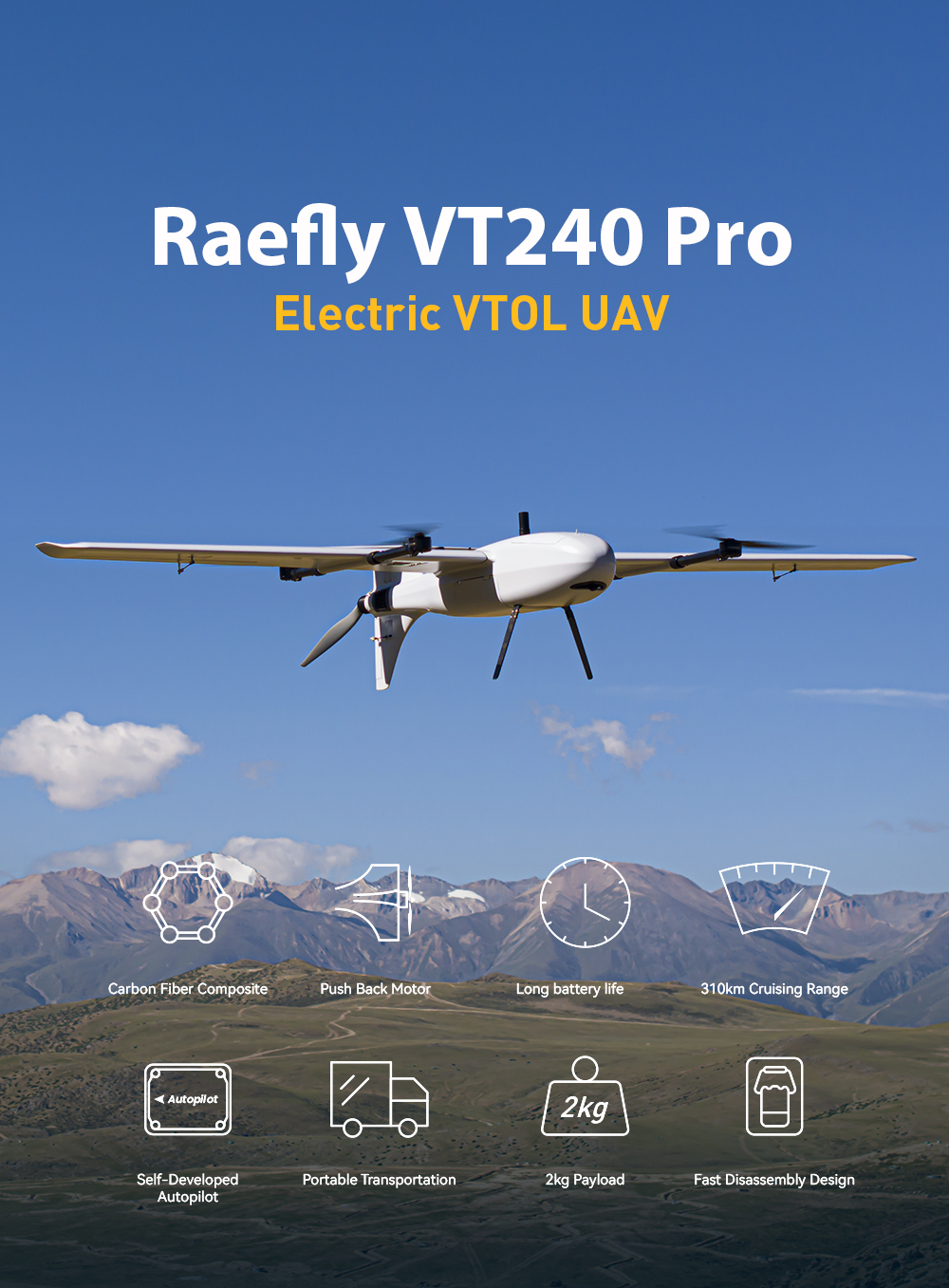 CUAV Raefly VT240 pro VTOL, Raefly VT240 Pro Electric VTOL UAV Carbon Fiber Composite Push Back