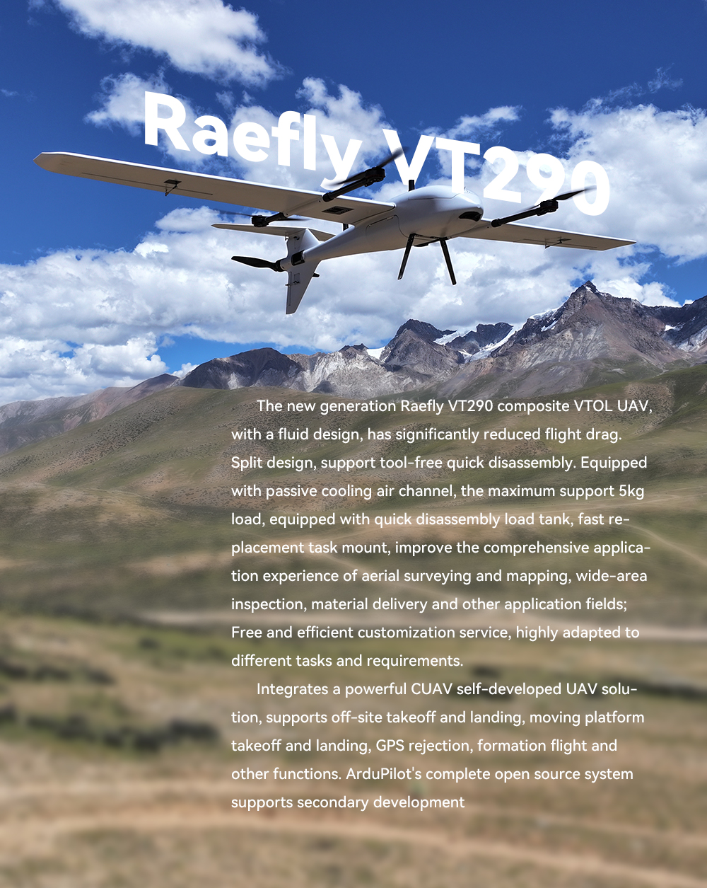 CUAV Raefly VT290 VTOL, Raefly VT290 composite VTOL UAV with a fluid design,