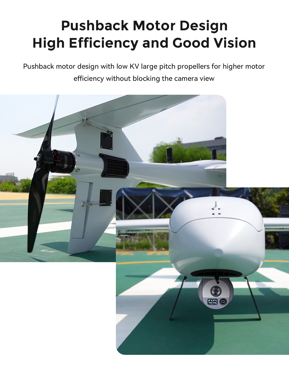 CUAV Raefly VT290 VTOL, low KV large pitch propellers for higher motor efficiency without blocking the camera view .