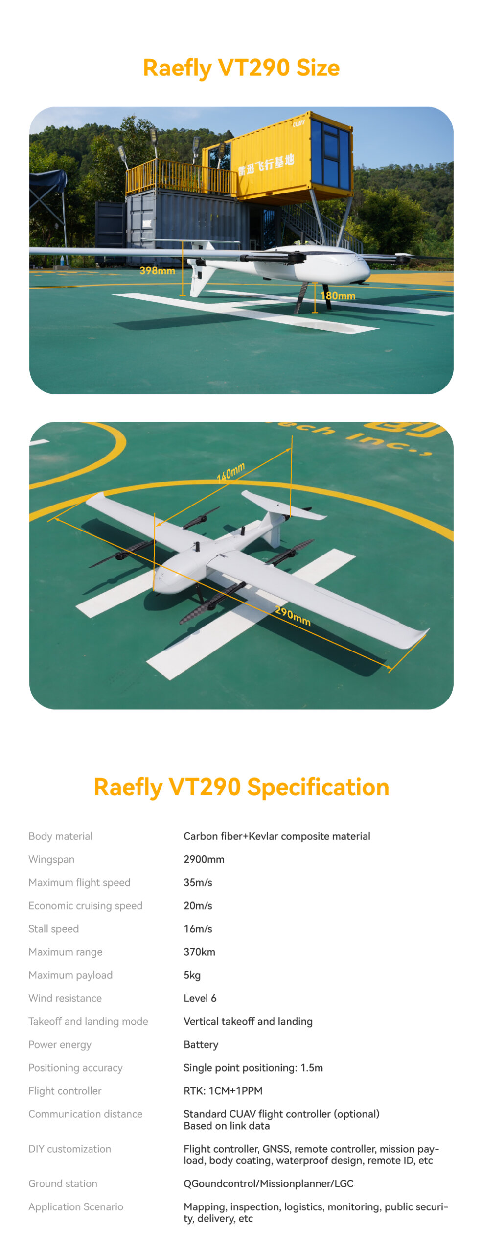 CUAV Raefly VT290 VTOL, Raefly VT290 Specification Body material Carbon fiber+Kevlar
