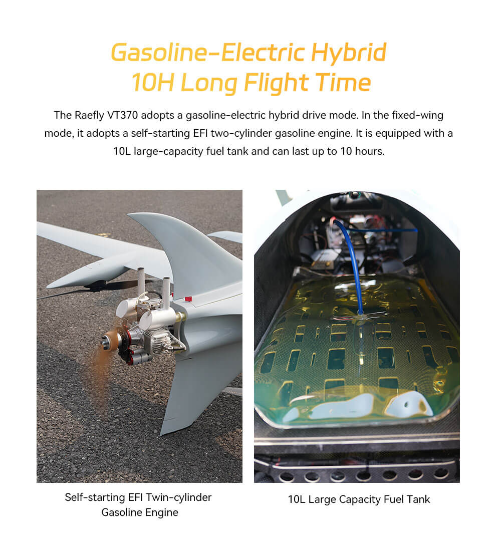 Raefly VT370 VTOL UAV Feature: Gasoline-Electric Hybrid 10H Long Flight Time