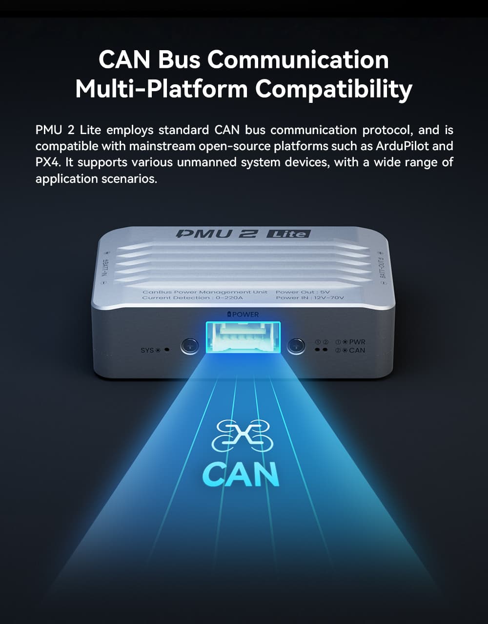 CUAV PMU 2 Lite Power Module Feature: CAN Bus Communication Multi-Platform Compatibility.