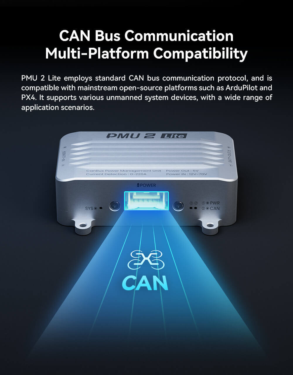 CUAV PMU 2 Lite Power Module Feature: CAN Bus Communication Multi-Platform Compatibility.