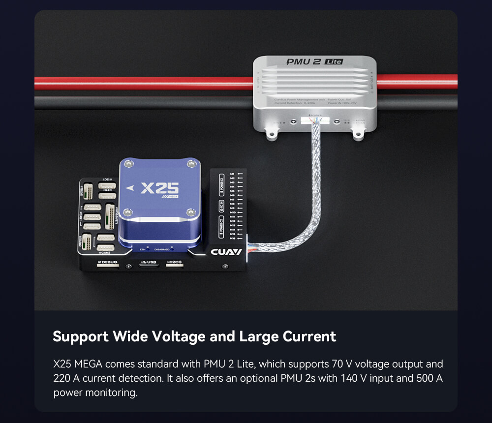 CUAV X25 MEGA Industrial-Grade Controller – Without Power Module 17 X25 MEGA Controller Feature: Support Wide Voltage and Large Current